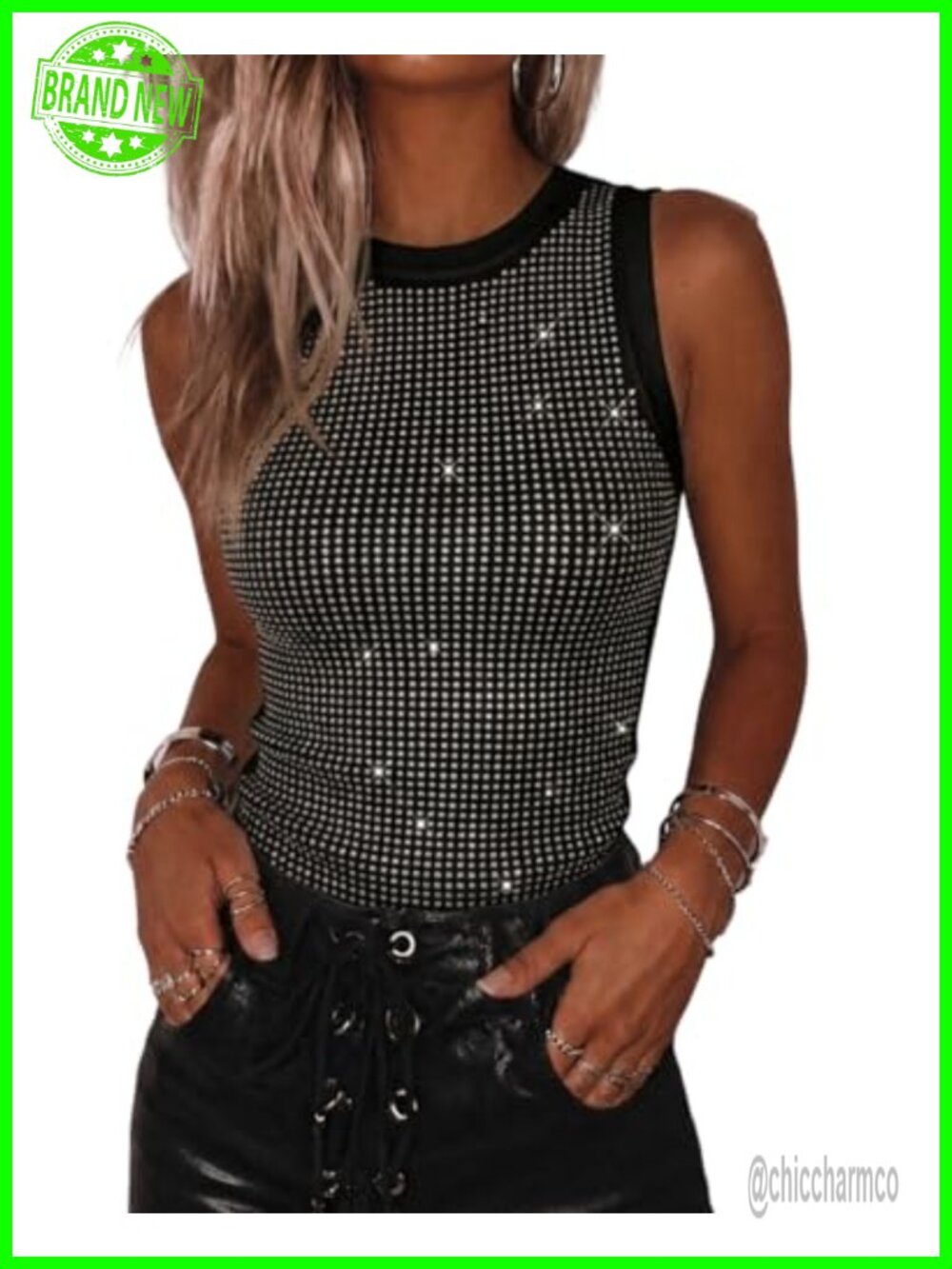 Rhinestone Tank Top Sparkly Ribbed Sleeveless Going Out Top